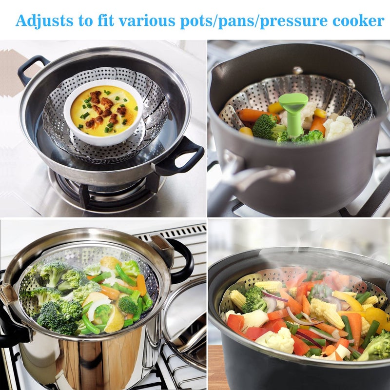 Consevisen Vegetable Steamer Basket for Cooking Food, Stainless Steel Veggie Steam Basket for Pot, Folding Expandable Steaming Insert with Extendable Handle Fits Various Size Pot, 6.4" to 10" - Image 3